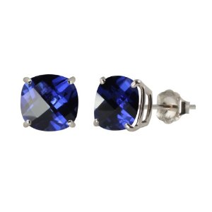 10k White Gold Checkerboard Cushion Created Blue Sapphire Gemstone Stud Earrings