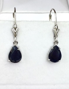 14k Solid Gold Leverback One Stone Dangle Earrings, Natural Pear Sapphire.