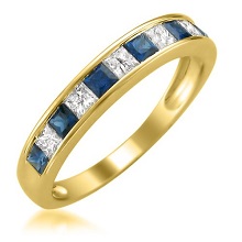 14k Yellow Gold Princess Cut Diamond and Blue Sapphire Wedding Band Ring