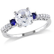 Created Blue and White Sapphire and Diamond Accent White Gold Engagement Ring