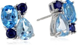 Sterling Silver Genuine Blue Topaz and Created Blue Sapphire Cluster Stud Earrings