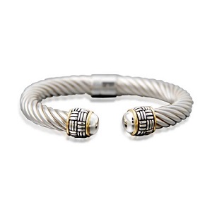 Two-tone 14k Yellow Gold Plated and Sterling Silver Thick Twisted Bangle with Basket Weave Edged Cuff Bracelet