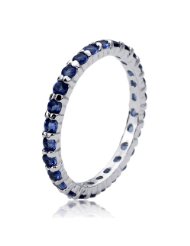 .925 Sterling Silver 2mm 14k White Gold Plated Blue Sapphire Color CZ Diamond Eternity Stackable Wedding Band Engagement Wedding Ring for Women 